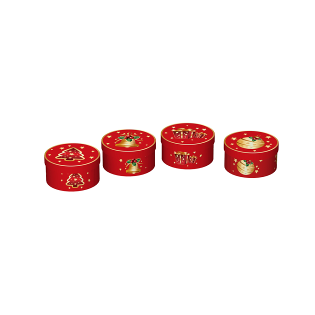 Christmas Gift Box Foil Hot Stamped Round, Four Designs assorted