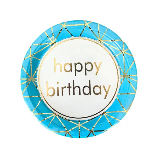Hot Stamp Happy Birthday Blue Border with Gold Lines