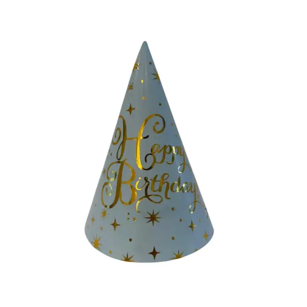8 Pcs Premium Party Hat Hot Stamped Happy Birthday Blue 7”