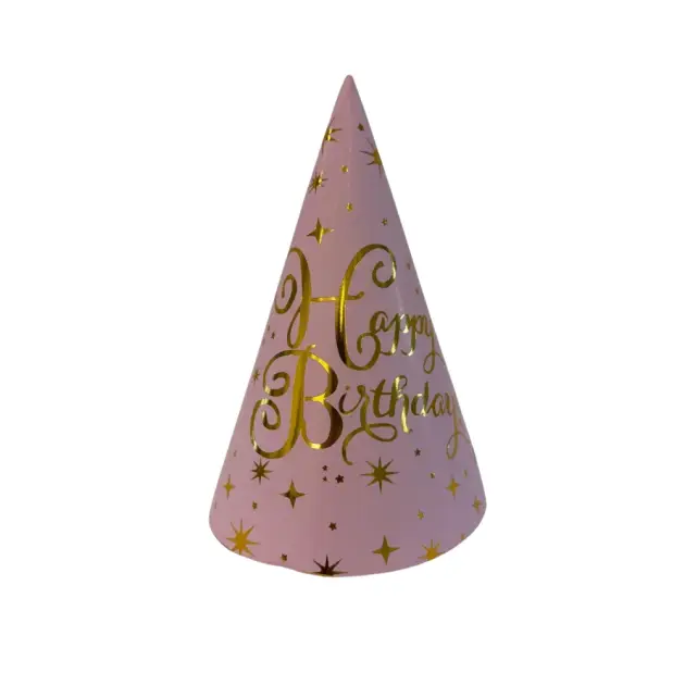 8 Pcs Premium Party Hat Hot Stamped Happy Birthday Pink 7”