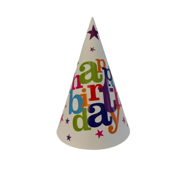 8 Pcs Premium Party Hat Colourful Stars Happy Birthday White 7”